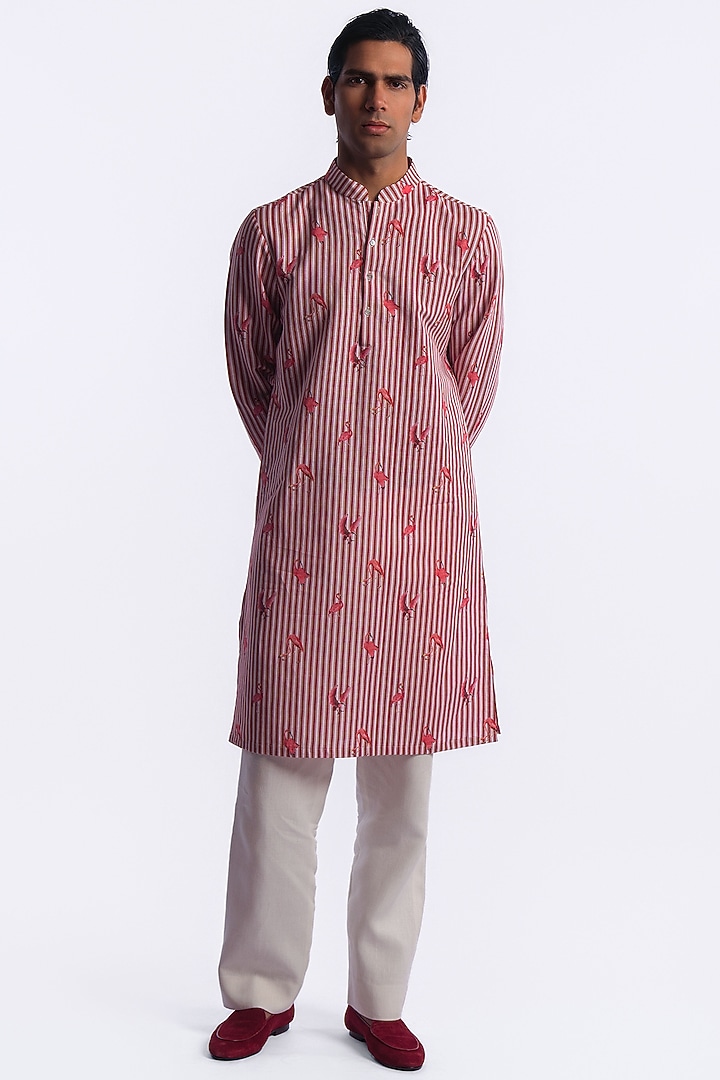 Ivory-Red Chanderi Digital Printed Kurta by Balance by Rohit Bal Men at Pernia's Pop Up Shop
