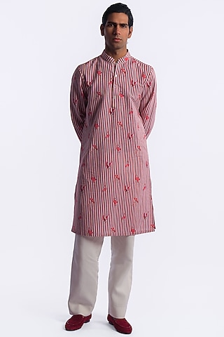Ivory-Red Linen Digital Printed Kurta by Balance by Rohit Bal Men