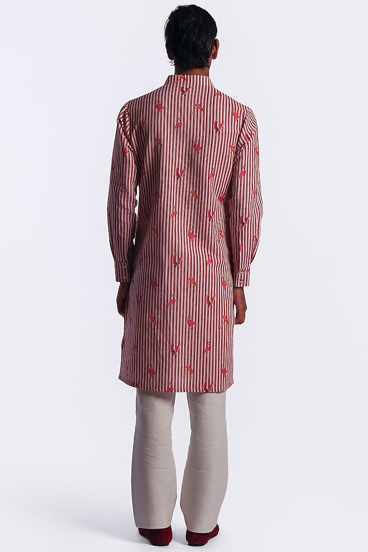 Ivory-Red Linen Digital Printed Kurta by Balance by Rohit Bal Men at Pernia's Pop Up Shop
