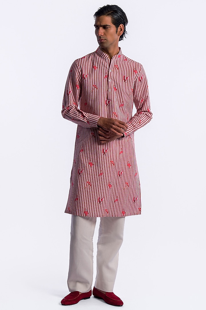 Ivory-Red Linen Digital Printed Kurta by Balance by Rohit Bal Men at Pernia's Pop Up Shop