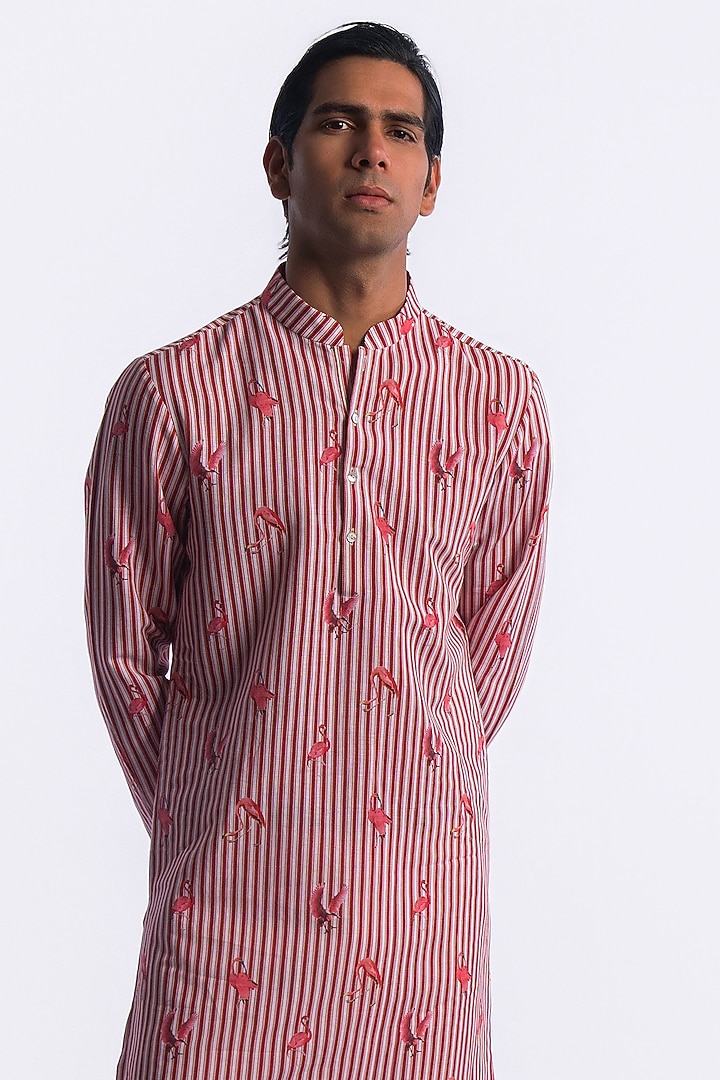 Ivory-Red Linen Digital Printed Kurta by Balance by Rohit Bal Men at Pernia's Pop Up Shop
