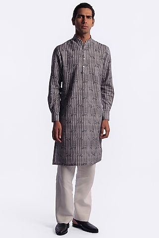 Grey Linen Digital Printed Kurta by Balance by Rohit Bal Men