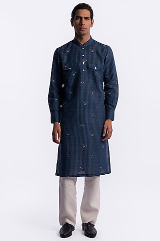 Blue Linen Digital Printed Kurta by Balance by Rohit Bal Men
