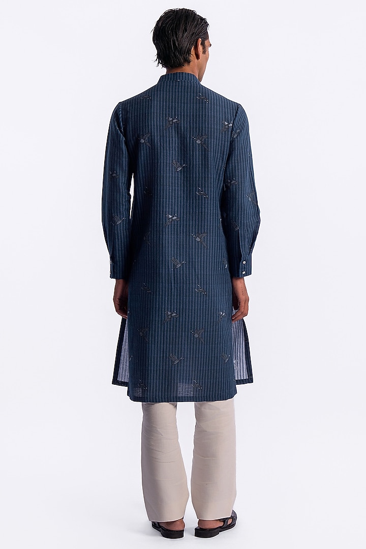Blue Linen Digital Printed Kurta by Balance by Rohit Bal Men at Pernia's Pop Up Shop