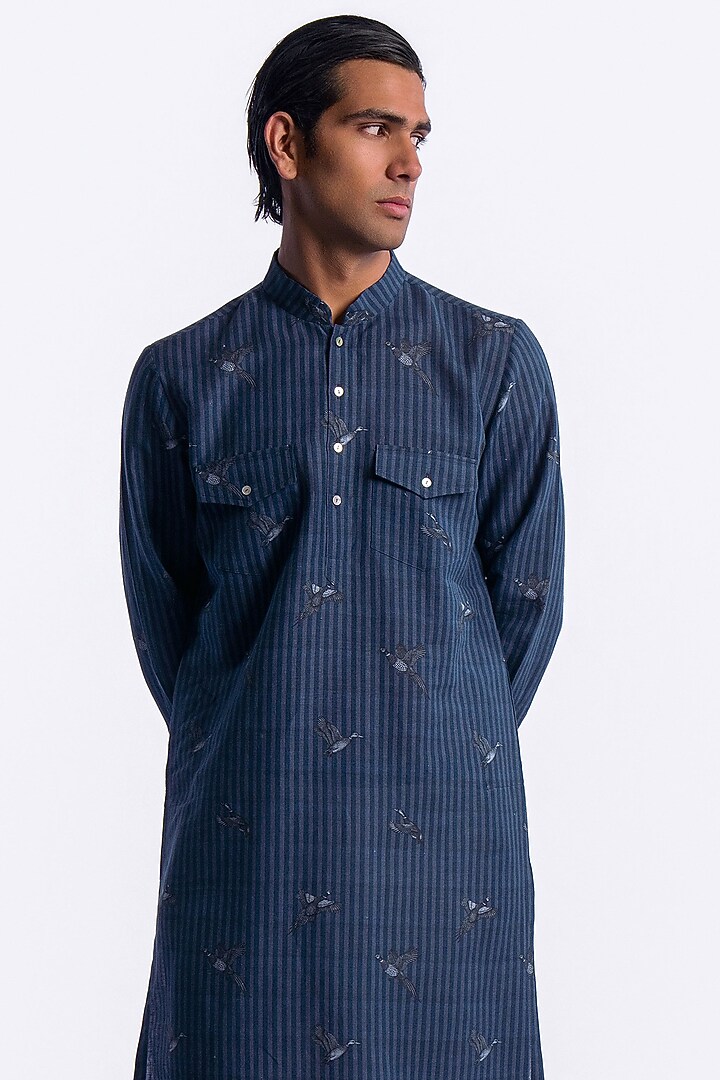 Blue Linen Digital Printed Kurta by Balance by Rohit Bal Men at Pernia's Pop Up Shop