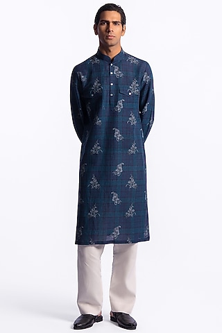 Blue Linen Digital Printed Kurta by Balance by Rohit Bal Men