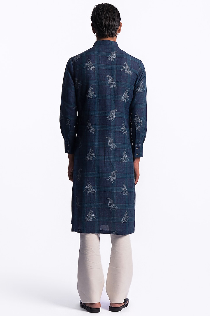 Blue Linen Digital Printed Kurta by Balance by Rohit Bal Men at Pernia's Pop Up Shop