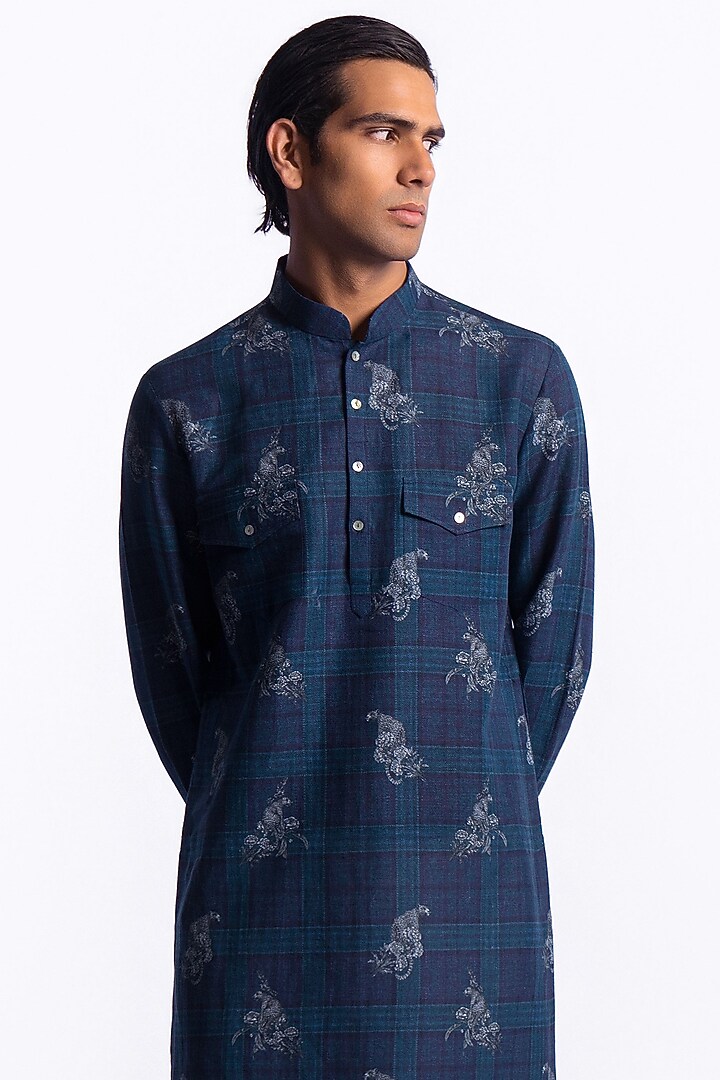 Blue Linen Digital Printed Kurta by Balance by Rohit Bal Men at Pernia's Pop Up Shop