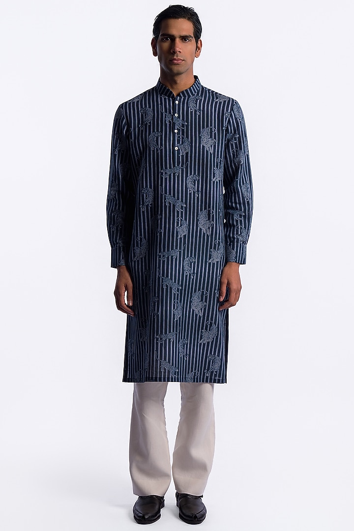 Blue Chanderi Digital Printed Kurta by Balance by Rohit Bal Men at Pernia's Pop Up Shop