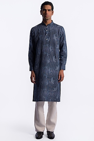 Blue Linen Digital Printed Kurta by Balance by Rohit Bal Men