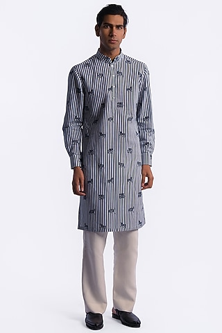 Ivory-Blue Linen Digital Printed Kurta by Balance by Rohit Bal Men