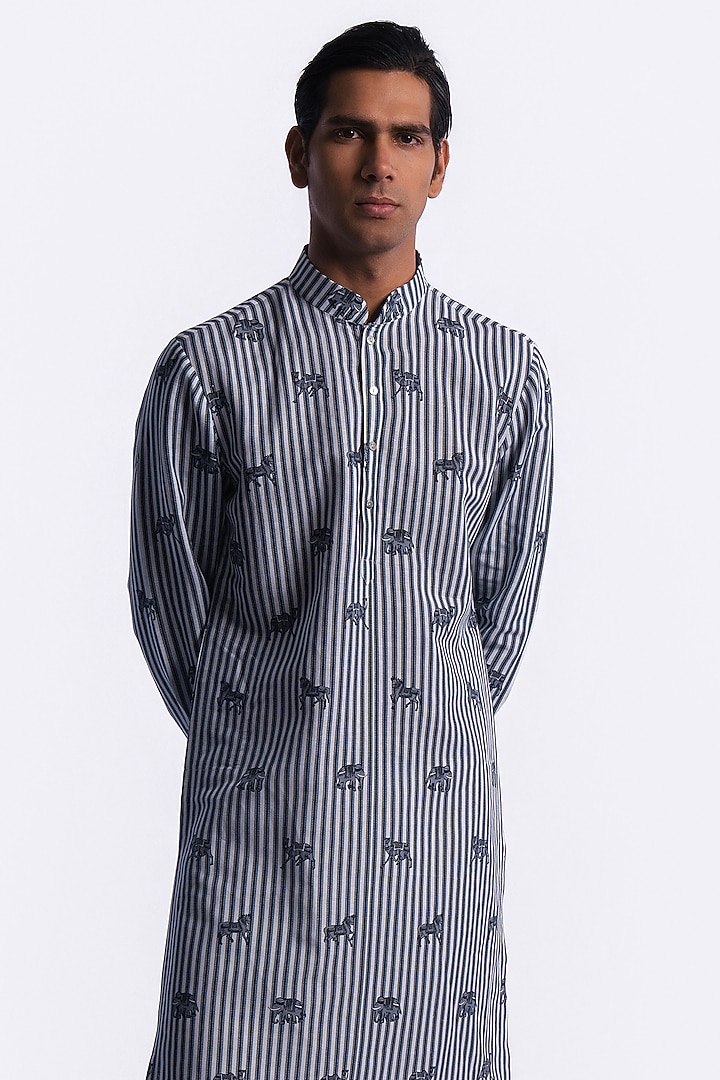 Ivory-Blue Linen Digital Printed Kurta by Balance by Rohit Bal Men at Pernia's Pop Up Shop