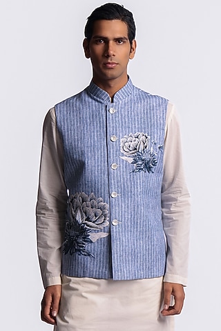 Blue Linen Digital Printed Bundi Jacket by Balance by Rohit Bal Men
