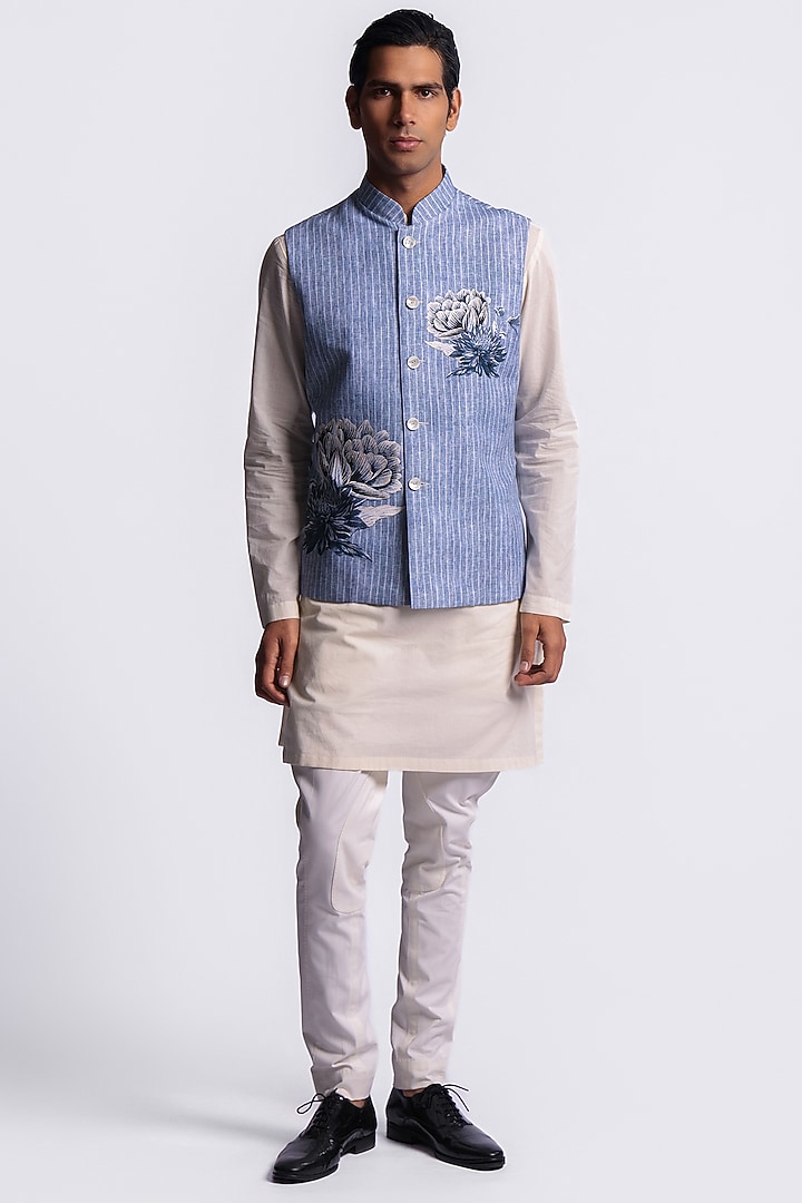 Blue Linen Digital Printed Bundi Jacket by Balance by Rohit Bal Men at Pernia's Pop Up Shop