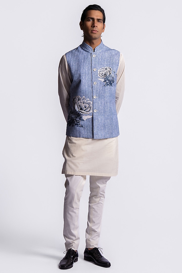 Blue Linen Digital Printed Bundi Jacket by Balance by Rohit Bal Men at Pernia's Pop Up Shop