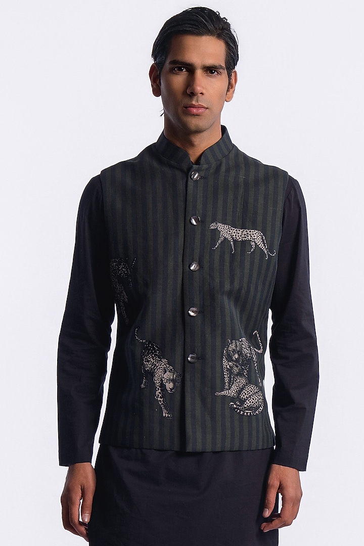 Black Linen Digital Printed Bundi Jacket by Balance by Rohit Bal Men at Pernia's Pop Up Shop