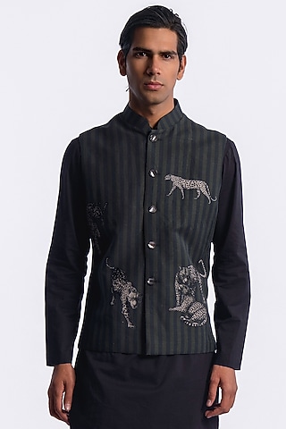 Black Linen Digital Printed Bundi Jacket by Balance by Rohit Bal Men