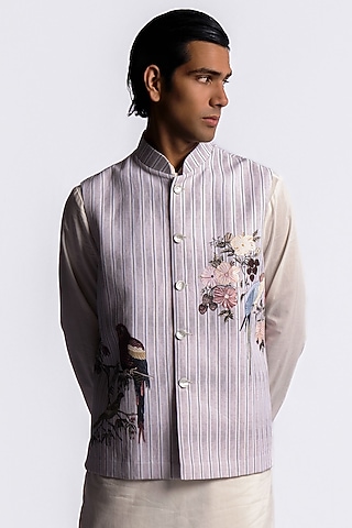 Ivory  Linen Digital Printed Bundi Jacket by Balance by Rohit Bal Men