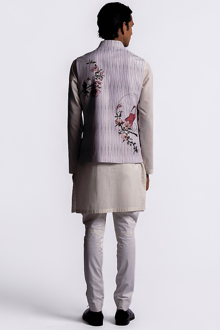 Ivory Linen Digital Printed Bundi Jacket by Balance by Rohit Bal Men at Pernia's Pop Up Shop