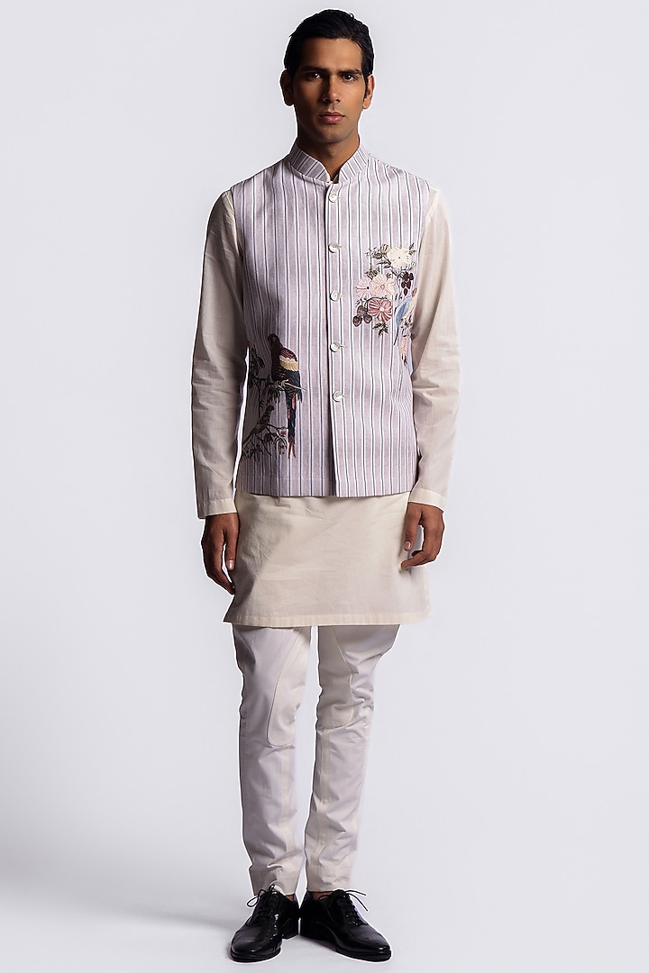 Ivory Linen Digital Printed Bundi Jacket by Balance by Rohit Bal Men at Pernia's Pop Up Shop