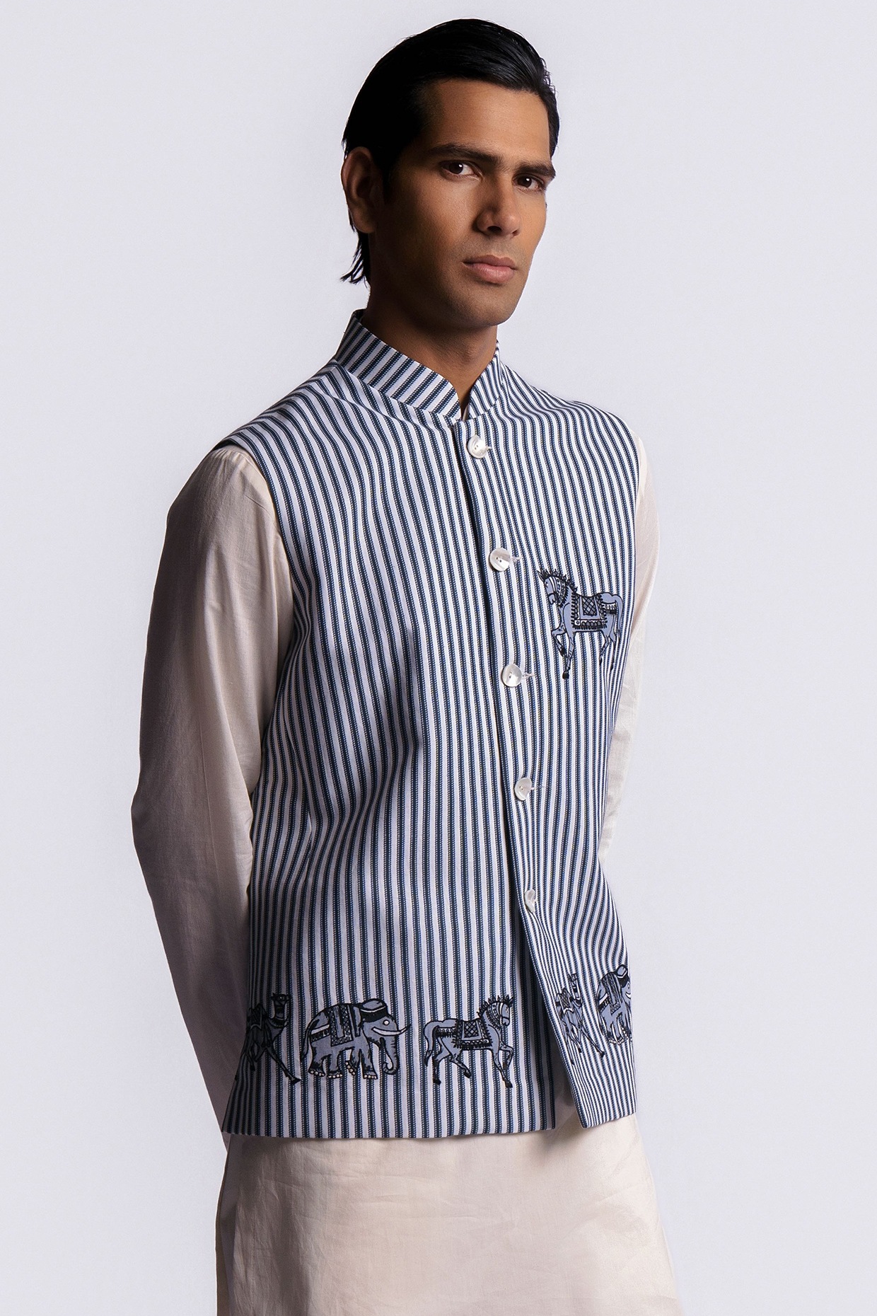 Balance by Rohit Bal Ivory-Blue Linen Digital Printed Bundi Jacket