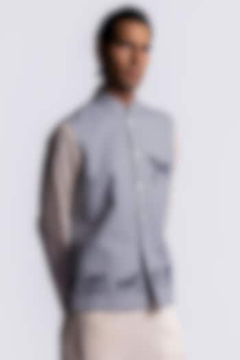 Ivory-Blue Linen Digital Printed Bundi Jacket by Balance by Rohit Bal Men at Pernia's Pop Up Shop