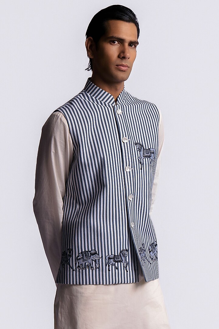 Ivory-Blue Linen Digital Printed Bundi Jacket by Balance by Rohit Bal Men at Pernia's Pop Up Shop