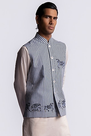 Ivory-Blue Linen Digital Printed Bundi Jacket by Balance by Rohit Bal Men