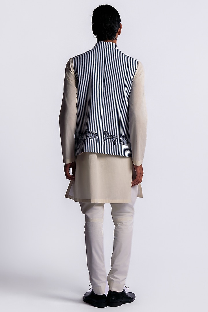 Ivory-Blue Linen Digital Printed Bundi Jacket by Balance by Rohit Bal Men at Pernia's Pop Up Shop