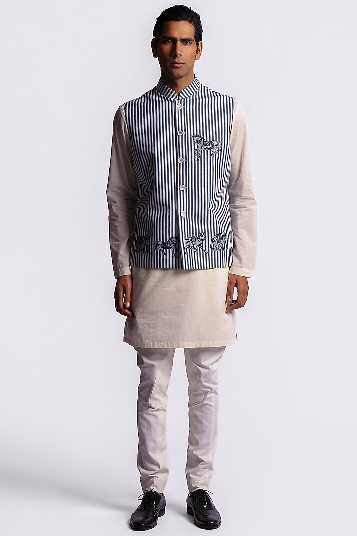 Ivory-Blue Linen Digital Printed Bundi Jacket by Balance by Rohit Bal Men at Pernia's Pop Up Shop