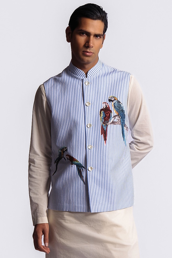 Blue Chanderi Digital Printed Bundi Jacket by Balance by Rohit Bal Men at Pernia's Pop Up Shop