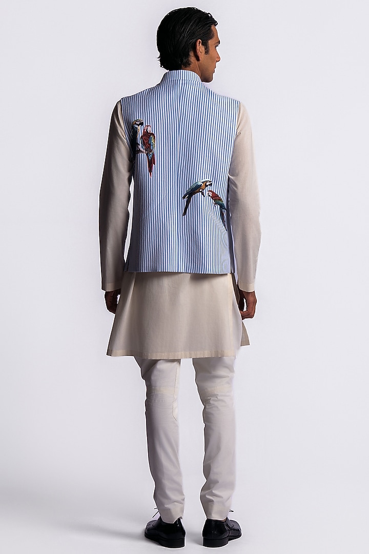 Blue Chanderi Digital Printed Bundi Jacket by Balance by Rohit Bal Men at Pernia's Pop Up Shop