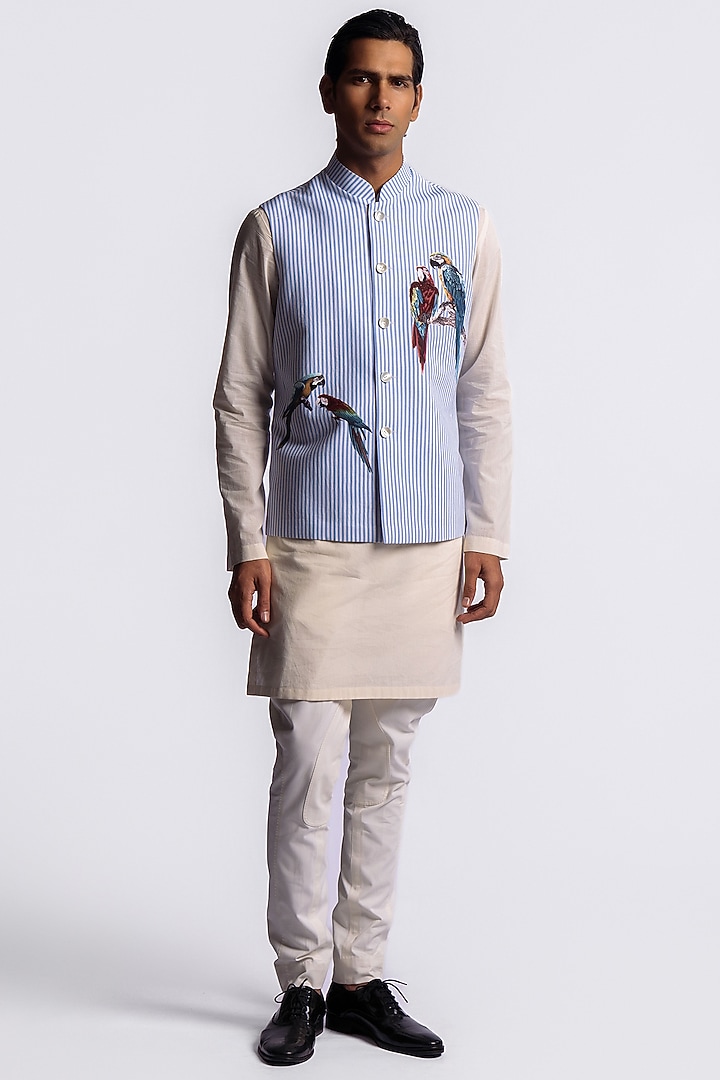 Blue Chanderi Digital Printed Bundi Jacket by Balance by Rohit Bal Men at Pernia's Pop Up Shop