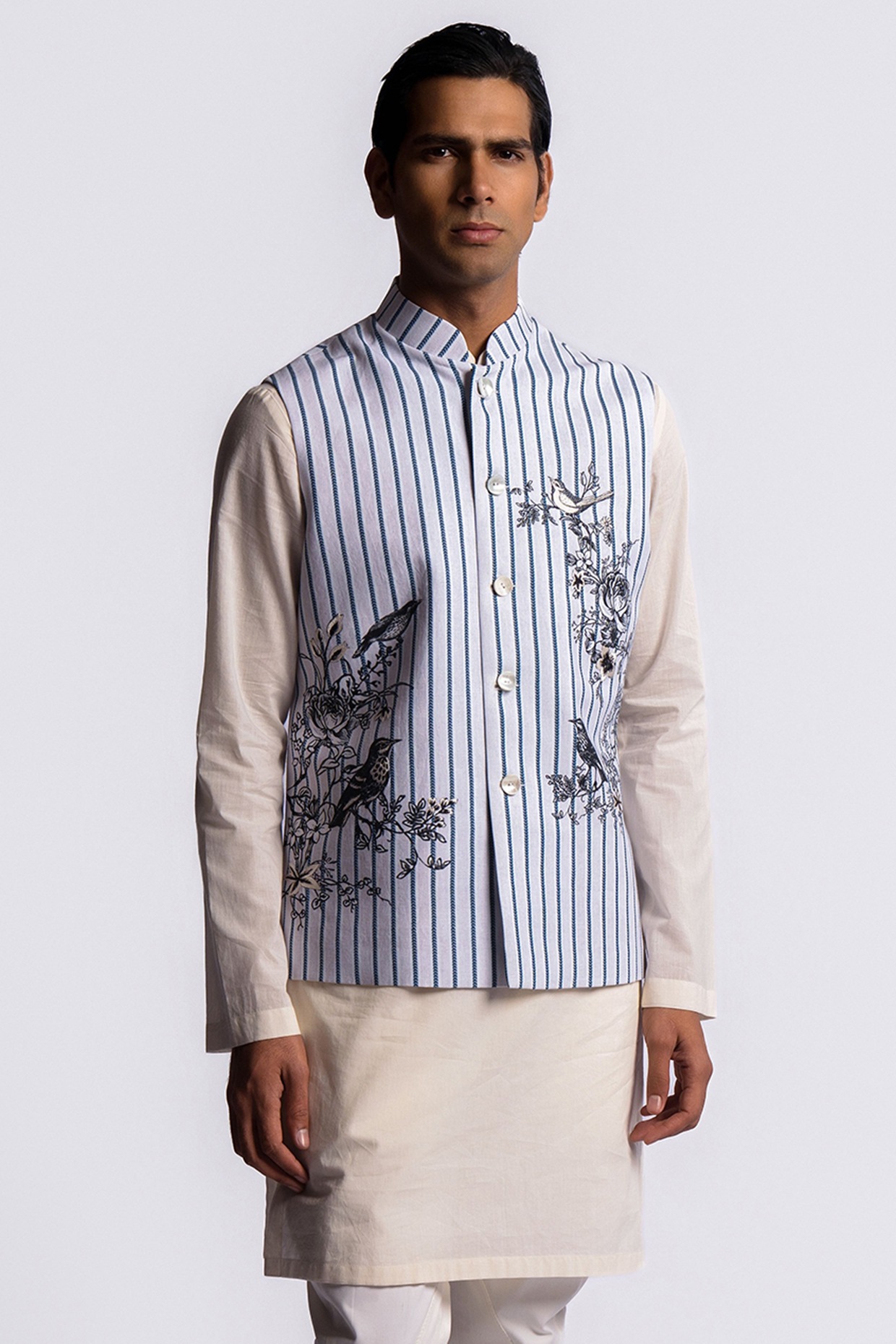 Balance by Rohit Bal Blue Linen Digital Printed Bundi Jacket