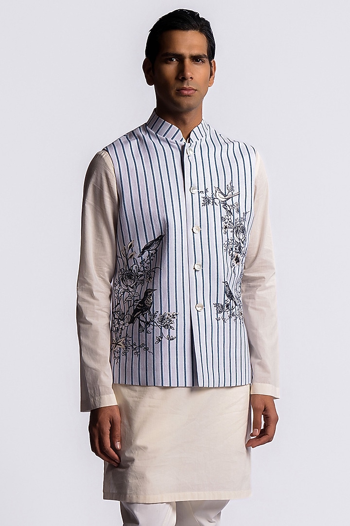 Blue Linen Digital Printed Bundi Jacket by Balance by Rohit Bal Men at Pernia's Pop Up Shop