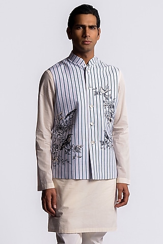 Blue Linen Digital Printed Bundi Jacket by Balance by Rohit Bal Men