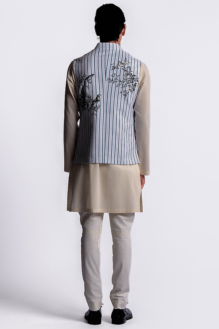 Blue Linen Digital Printed Bundi Jacket by Balance by Rohit Bal Men at Pernia's Pop Up Shop