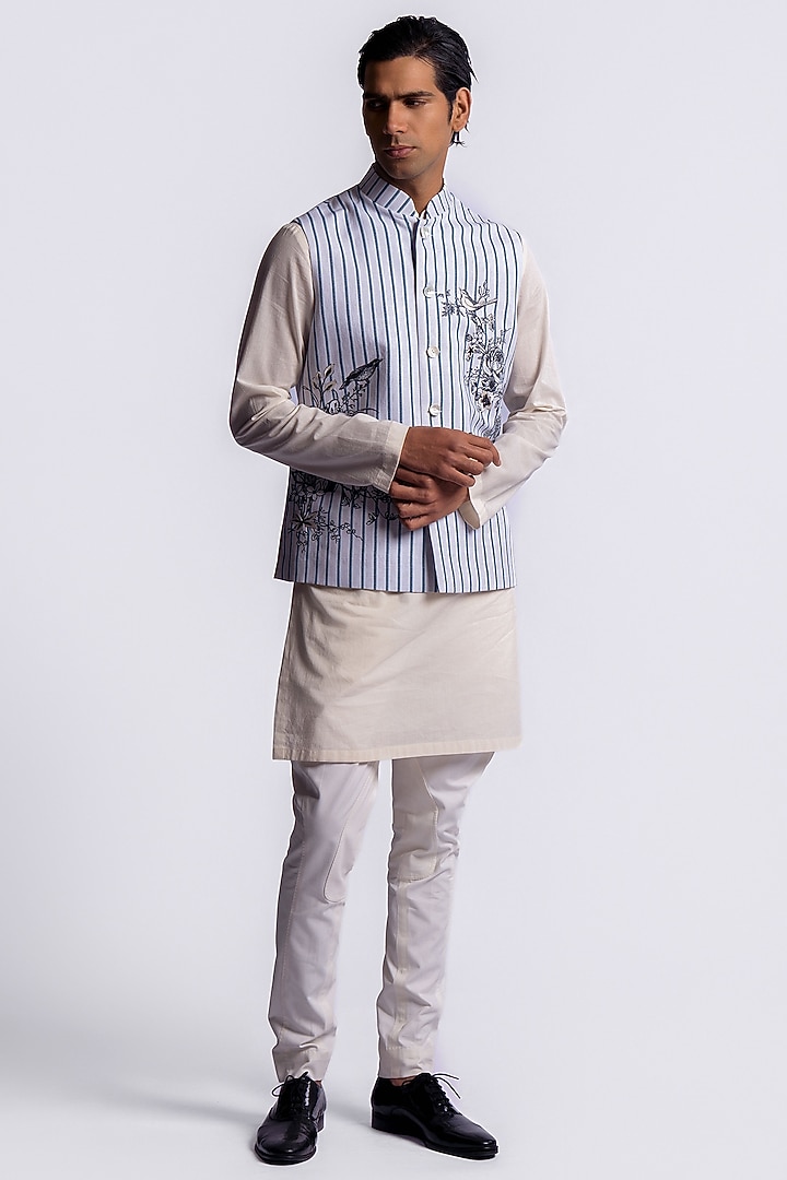 Blue Linen Digital Printed Bundi Jacket by Balance by Rohit Bal Men at Pernia's Pop Up Shop