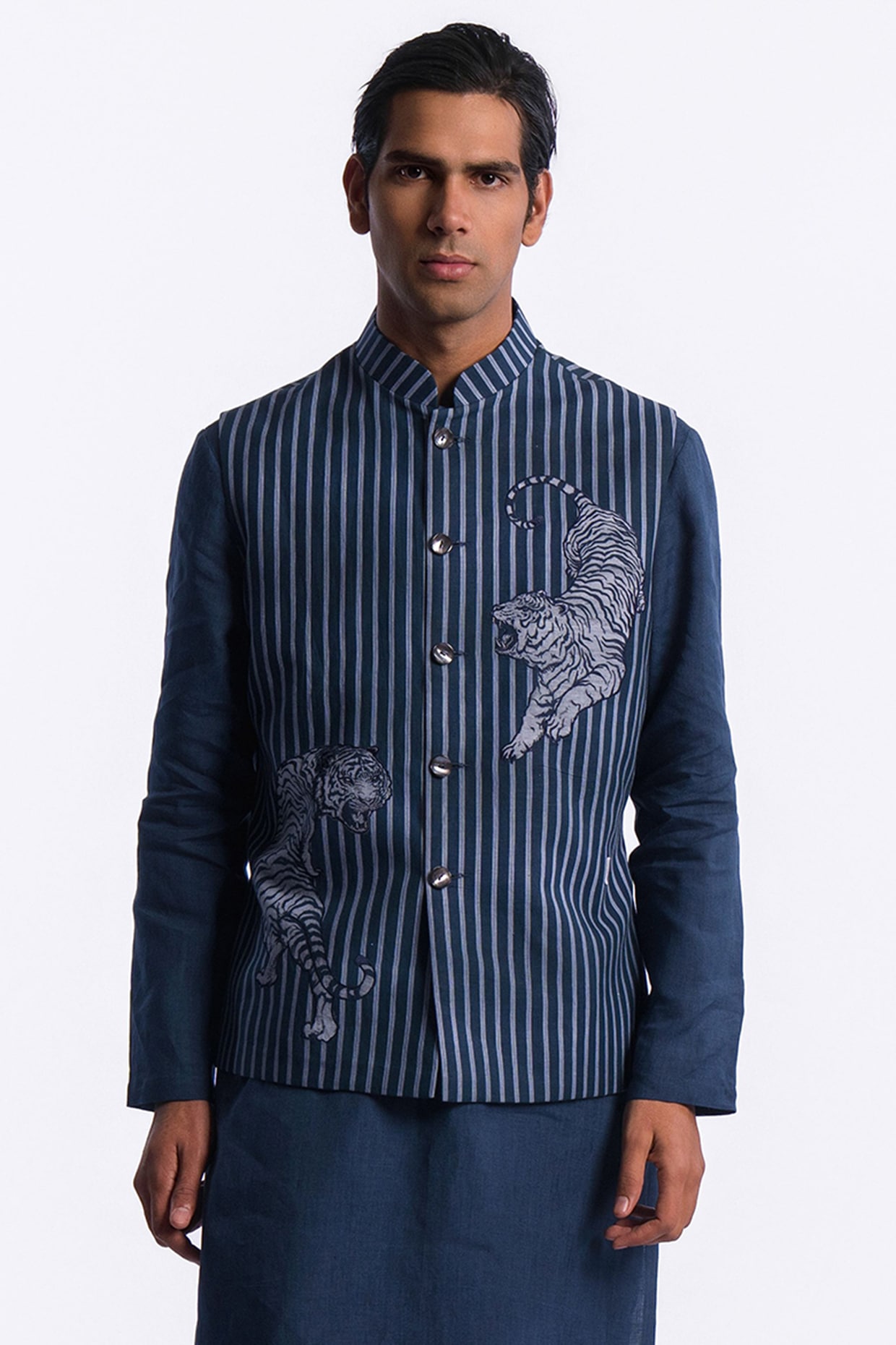 Balance by Rohit Bal Blue Linen Digital Printed Bundi Jacket