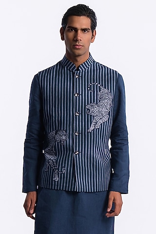 Blue Linen Digital Printed Bundi Jacket by Balance by Rohit Bal Men