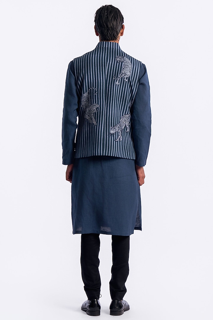 Blue Linen Digital Printed Bundi Jacket by Balance by Rohit Bal Men at Pernia's Pop Up Shop