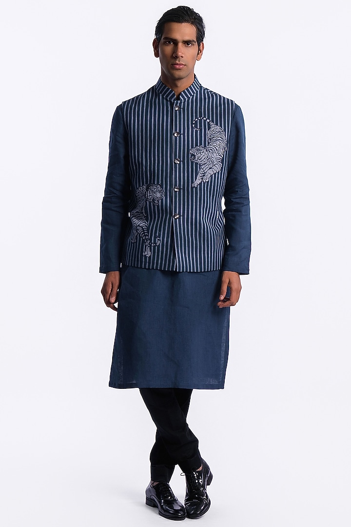 Blue Linen Digital Printed Bundi Jacket by Balance by Rohit Bal Men at Pernia's Pop Up Shop