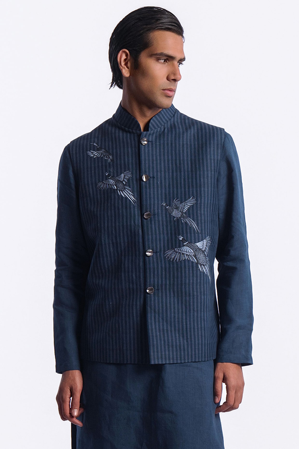 Balance by Rohit Bal Blue Linen Digital Printed Bundi Jacket