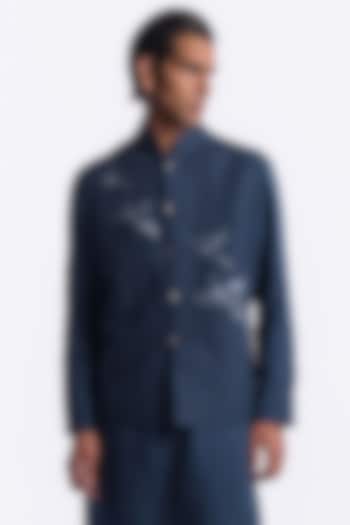 Blue Linen Digital Printed Bundi Jacket by Balance by Rohit Bal Men at Pernia's Pop Up Shop