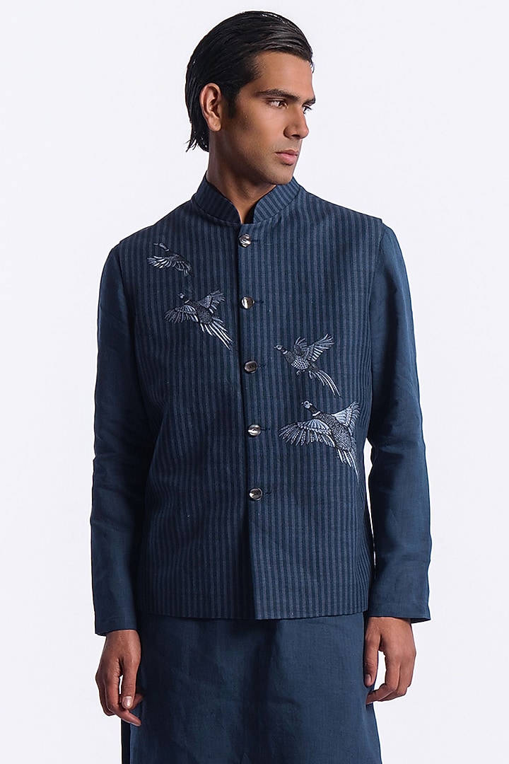 Blue Linen Digital Printed Bundi Jacket by Balance by Rohit Bal Men at Pernia's Pop Up Shop