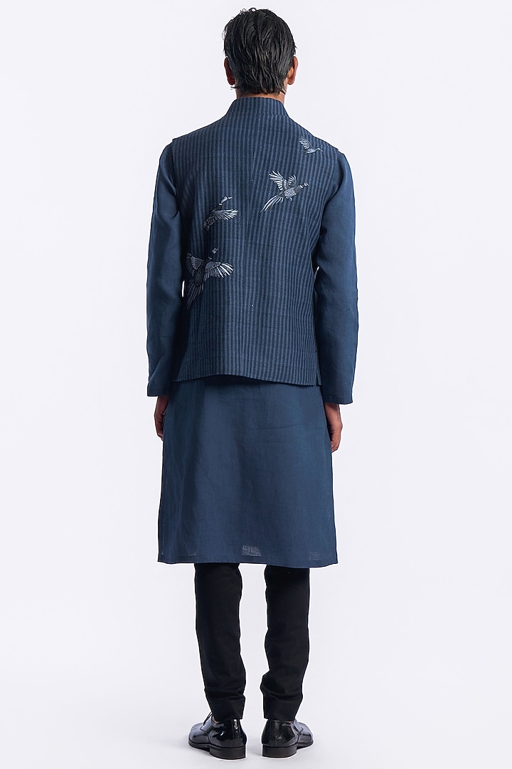 Blue Linen Digital Printed Bundi Jacket by Balance by Rohit Bal Men at Pernia's Pop Up Shop