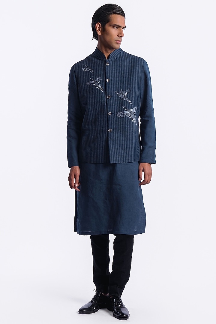 Blue Linen Digital Printed Bundi Jacket by Balance by Rohit Bal Men at Pernia's Pop Up Shop