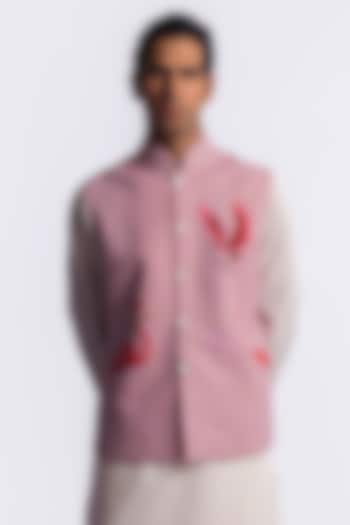 Red Linen Digital Printed & Machine Embroidered Bundi Jacket by Balance by Rohit Bal Men at Pernia's Pop Up Shop