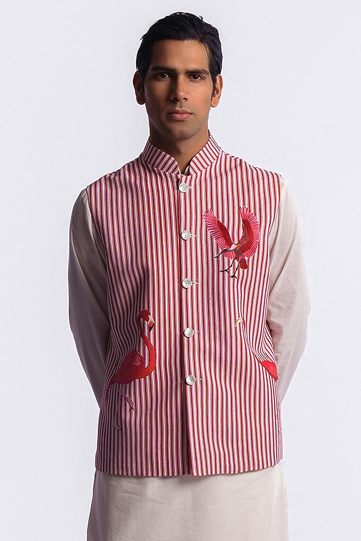 Red Linen Digital Printed & Machine Embroidered Bundi Jacket by Balance by Rohit Bal Men at Pernia's Pop Up Shop