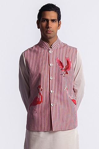 Red Linen Digital Printed & Machine Embroidered Bundi Jacket by Balance by Rohit Bal Men